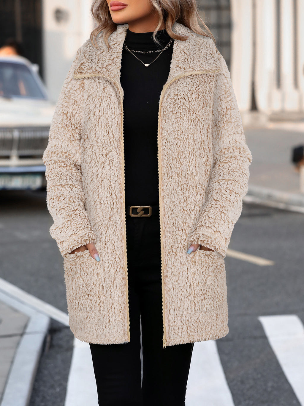 Manteau grande taille, col cardigan, fermeture zippée, chaleur d'hiver, détail du col