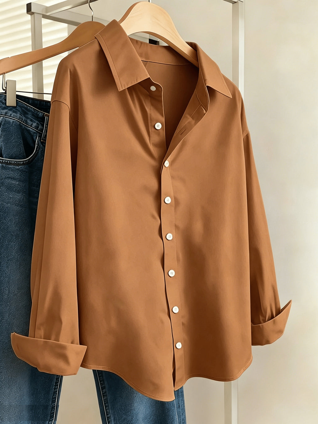 Chemise grande taille, col à revers, boutonnage, allure élégante, autre coloris