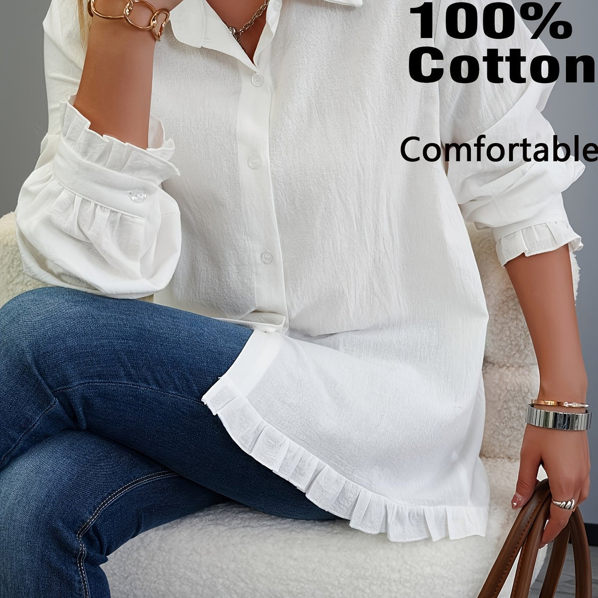 Chemisier grande taille, manches longues, toucher naturel — matière : coton