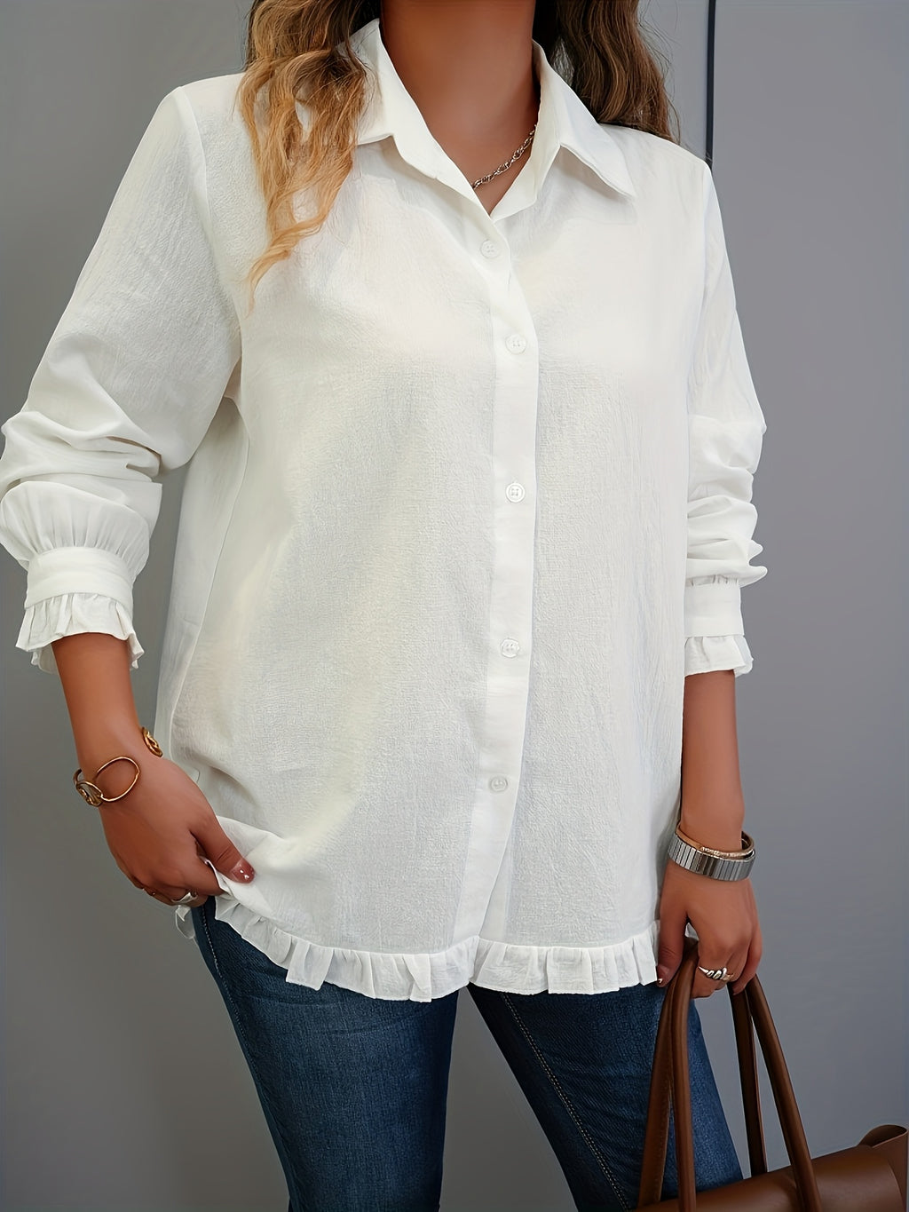 Chemisier grande taille, manches longues, toucher naturel, tissu opaque