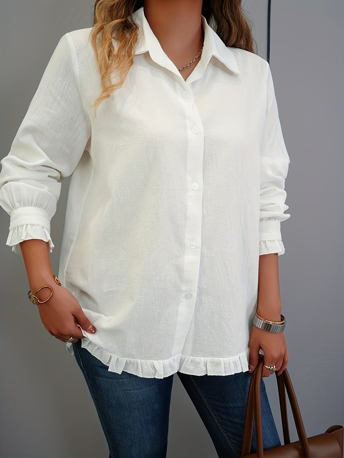Chemisier grande taille, manches longues, toucher naturel, tissu opaque