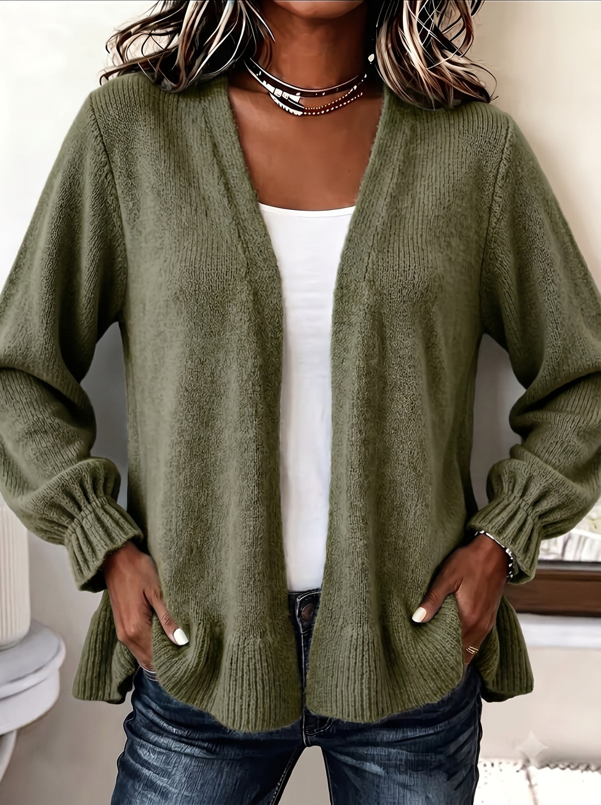 Cardigan grande taille, coupe ample, volants, manches longues, visuel produit