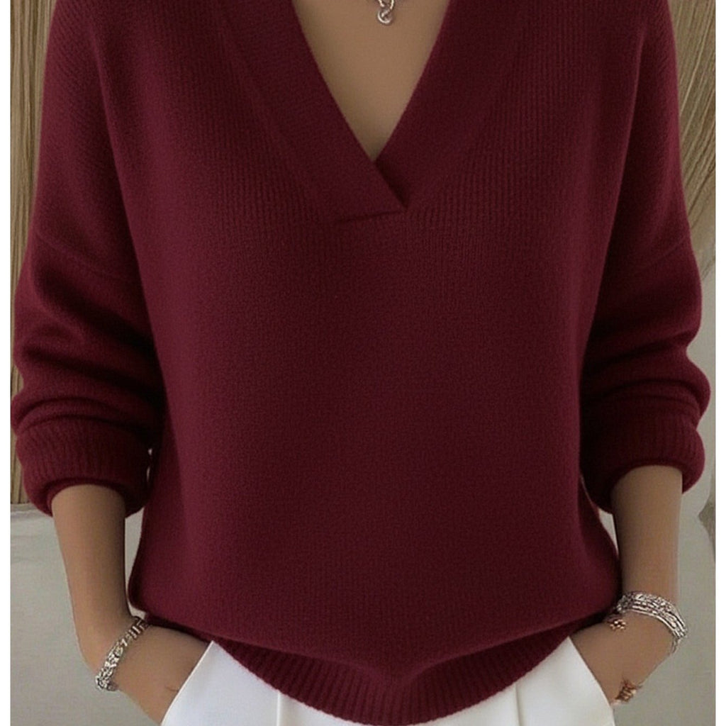 Pull grande taille, coupe oversize, col V, manches longues, vu de dos