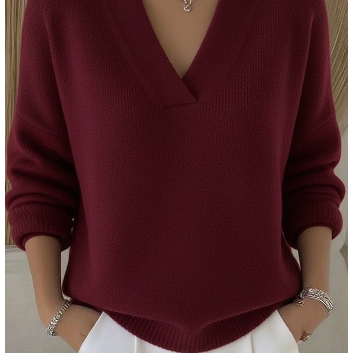 Pull grande taille, coupe oversize, col V, manches longues, vu de dos