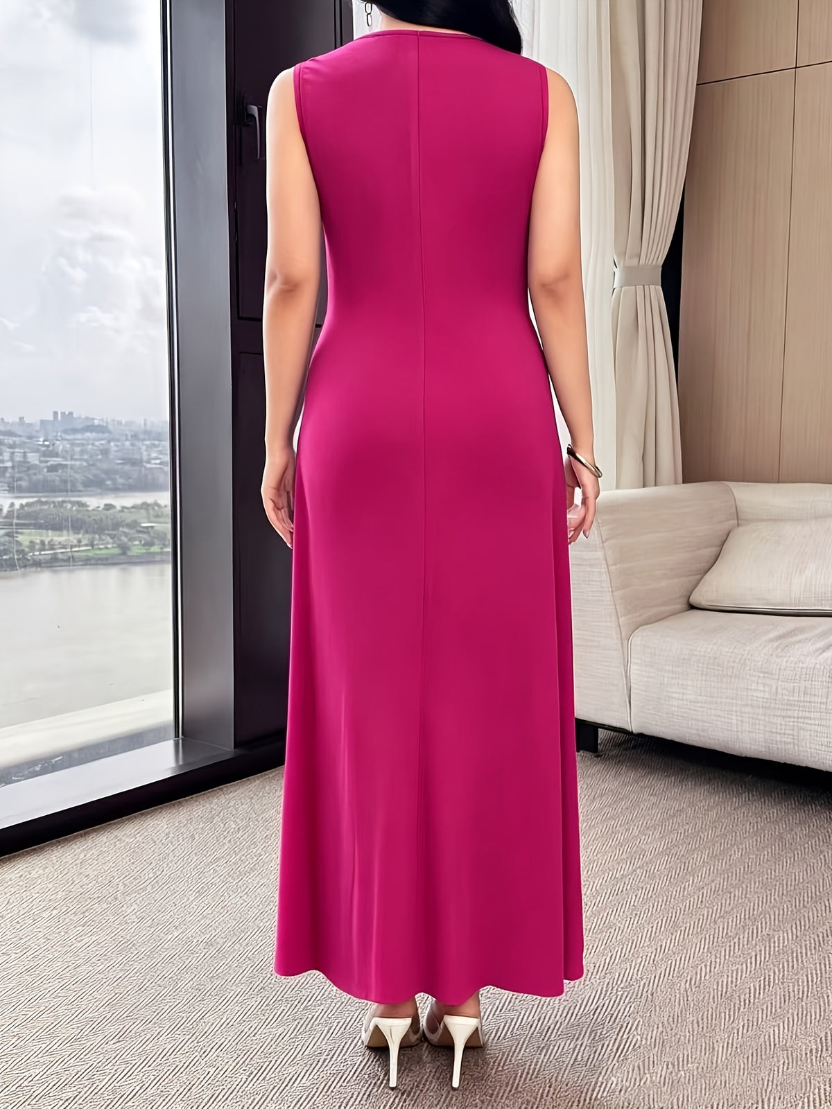 Robe longue grande taille — Bleu canard, anneau doré à la taille