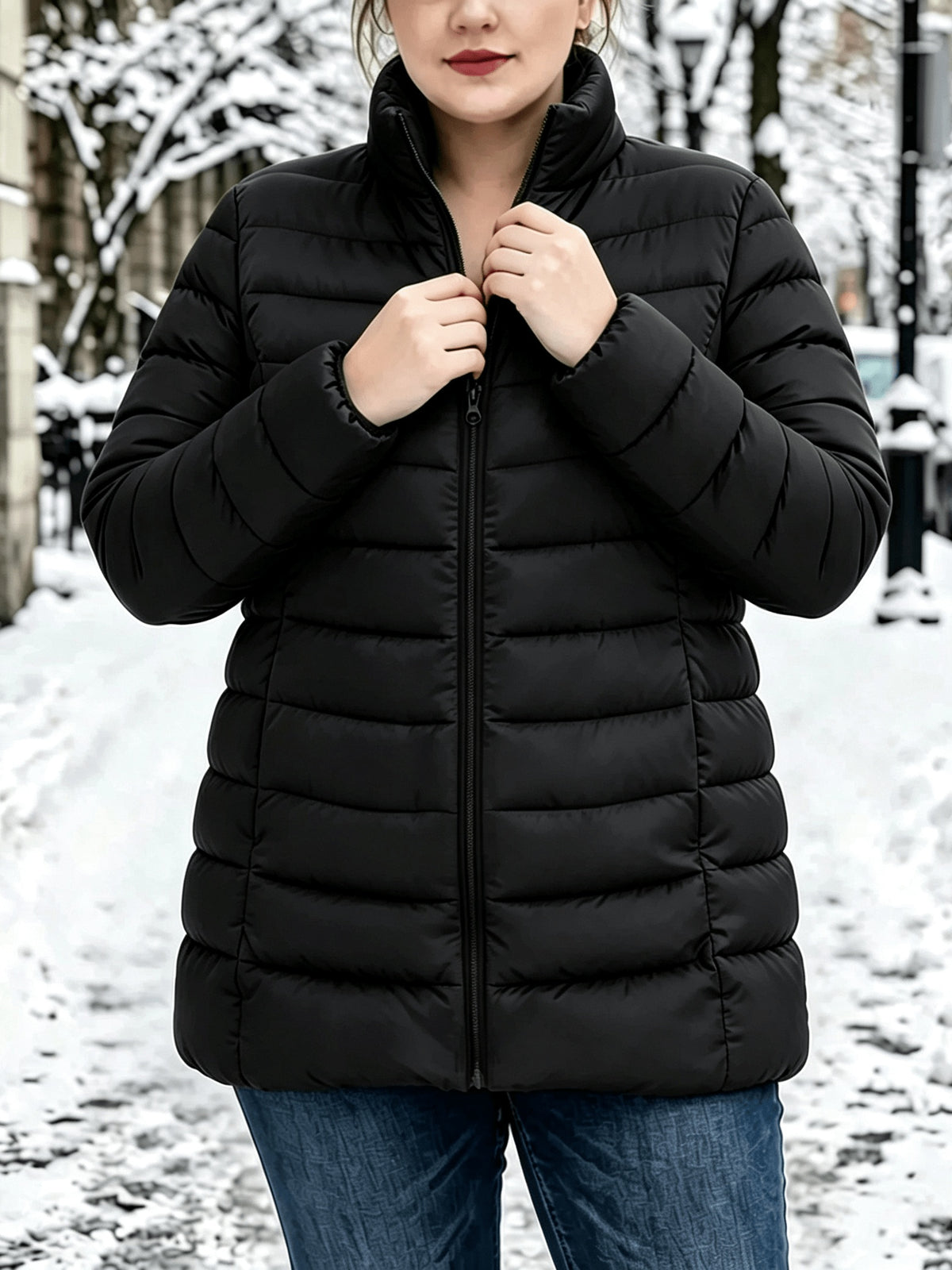 Veste grande taille, poches plaquées, fermeture zippée, chaleur d'hiver, porté de face