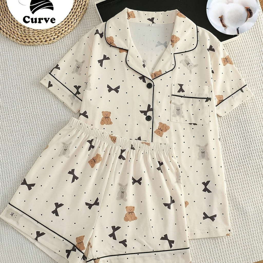 Pyjama grande taille à pois, manches courtes, toucher naturel — matière : coton