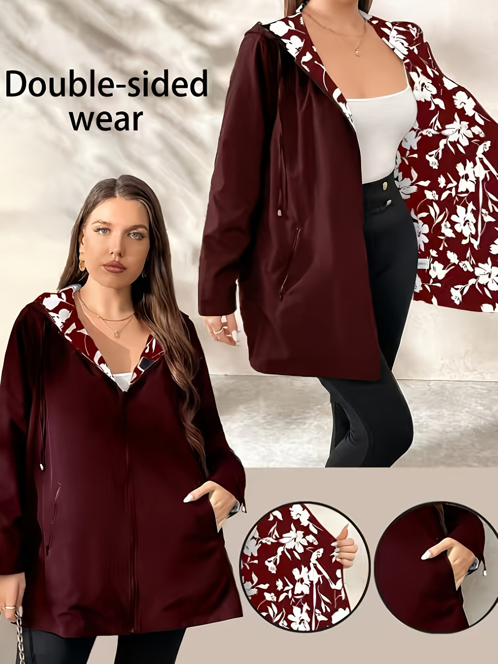 Trench grande taille, coupe ample, capuche, détail du tissu