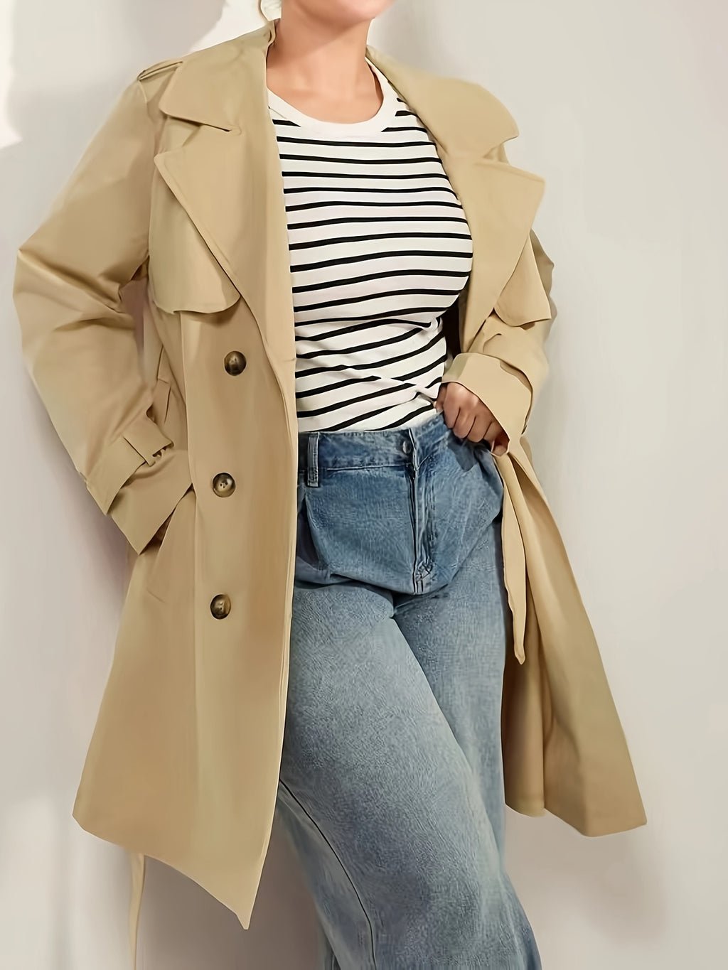 Trench grande taille, col à revers, boutonnage, esprit décontracté