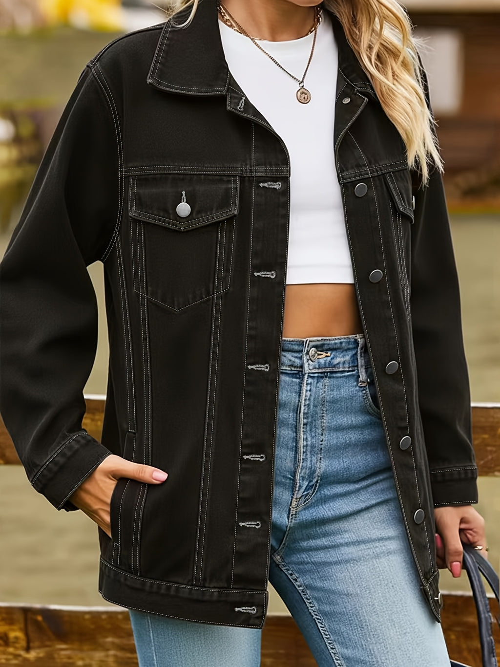 Veste grande taille, coupe oversize, poches plaquées, tenue franche, détail du tissu