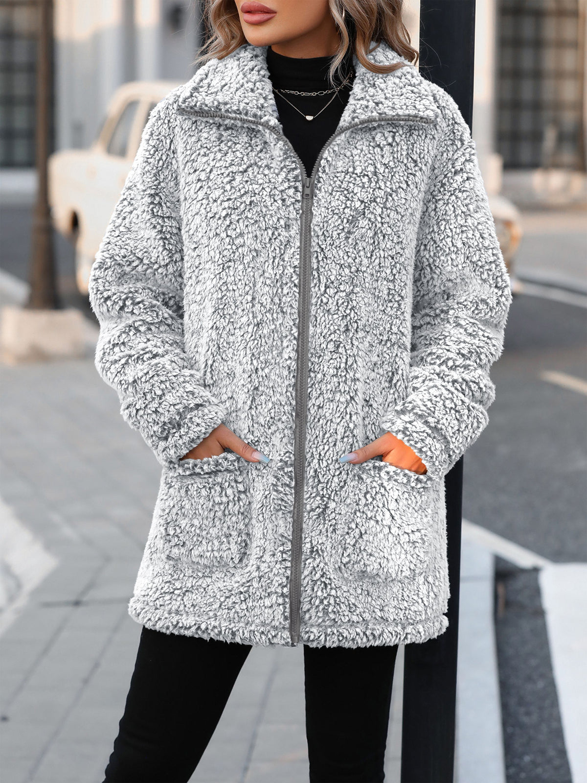 Manteau grande taille, col cardigan, fermeture zippée, chaleur d'hiver, vu de dos