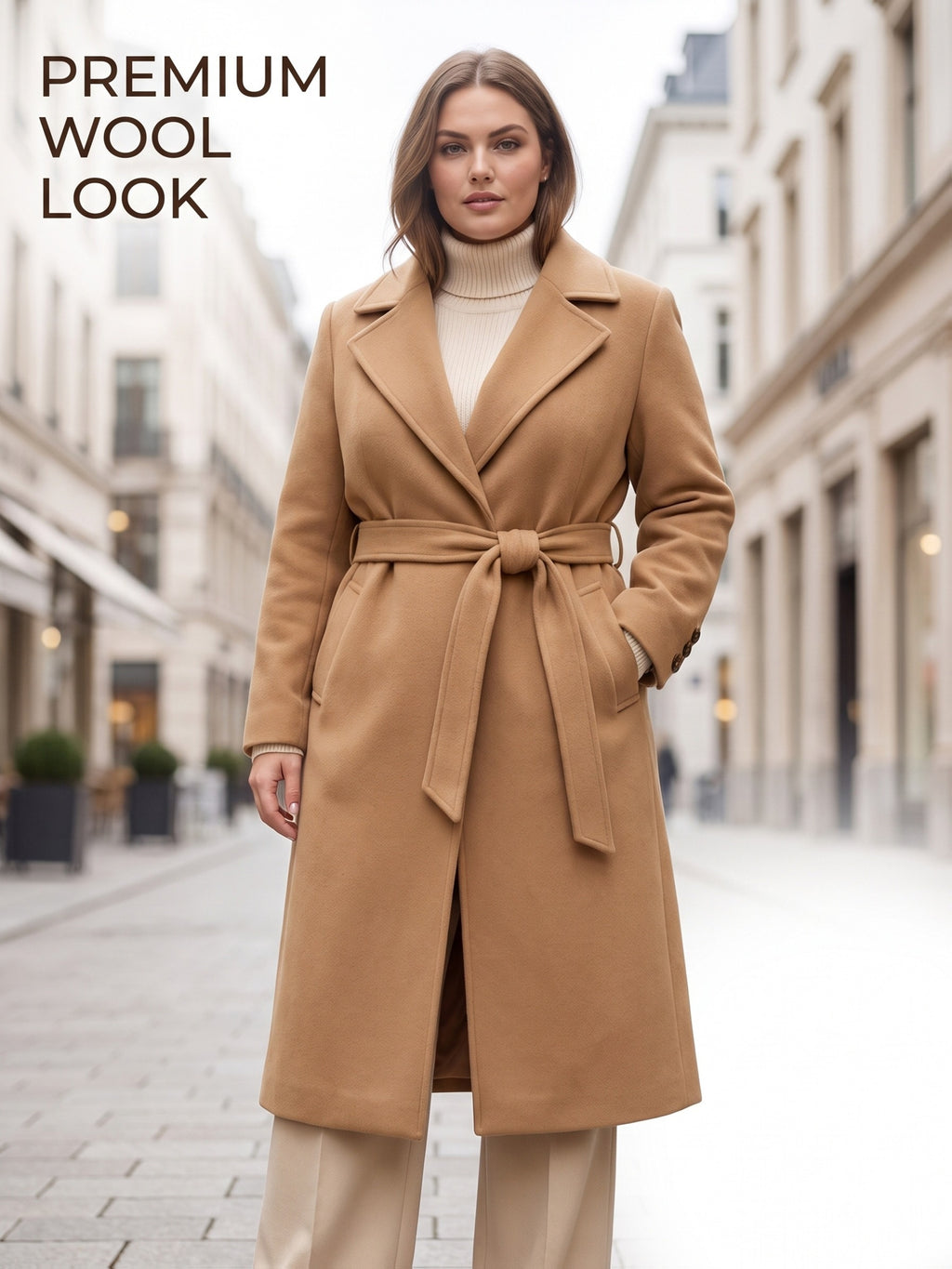 Manteau grande taille, col à revers, ceinture assortie, chaleur d'hiver, vu de dos