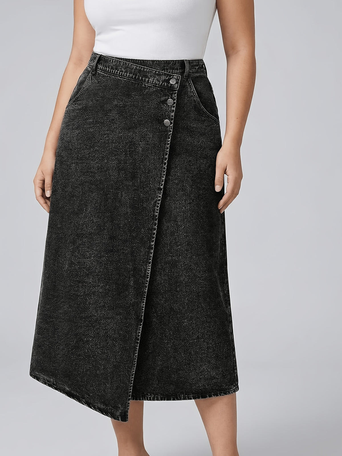 Jupe grande taille, coupe oversize, longueur midi, fente, porté de face
