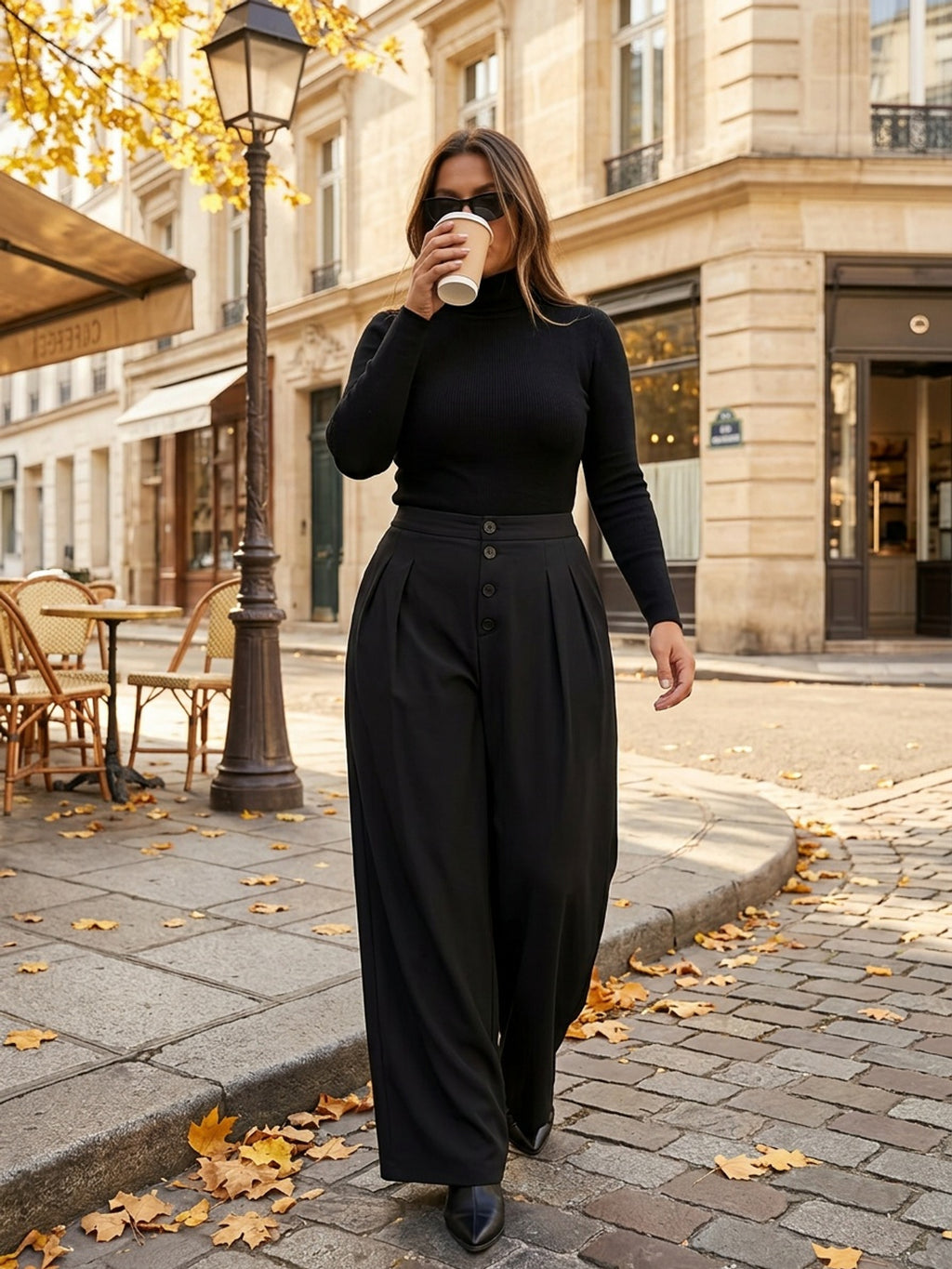 Pantalon grande taille, coupe évasée, boutonnage, porté de face