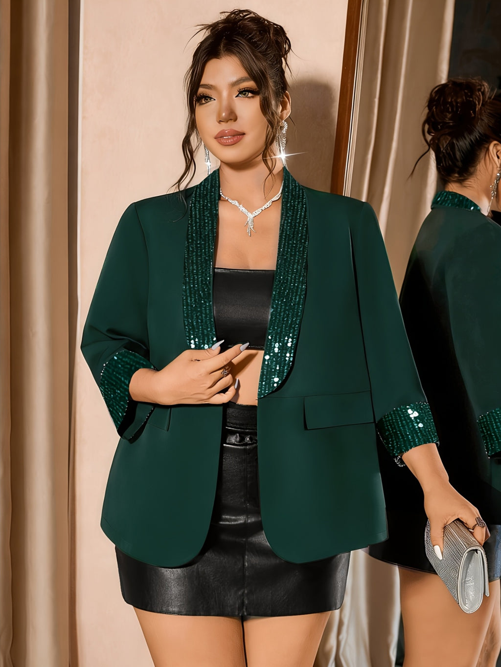 Veste grande taille, coupe oversize, paillettes, vue de profil