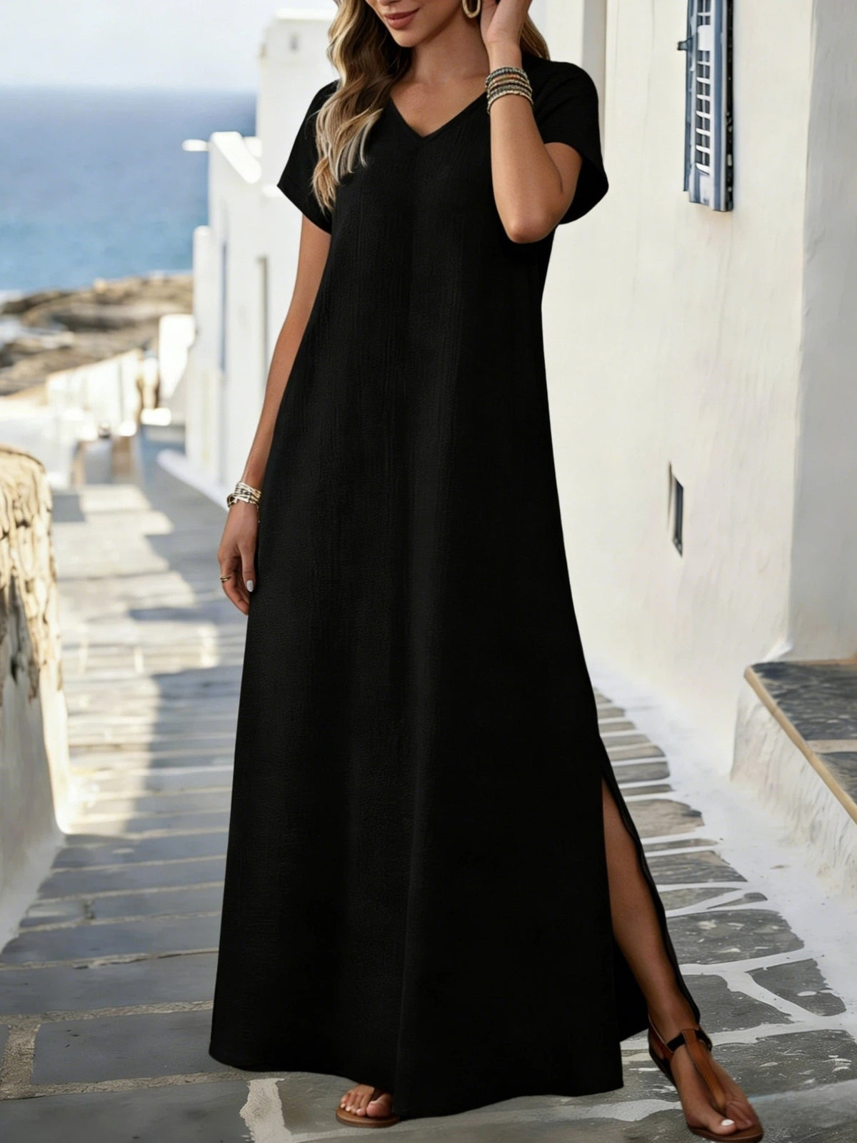 Robe longue grande taille — Viscose froissée et fentes hautes