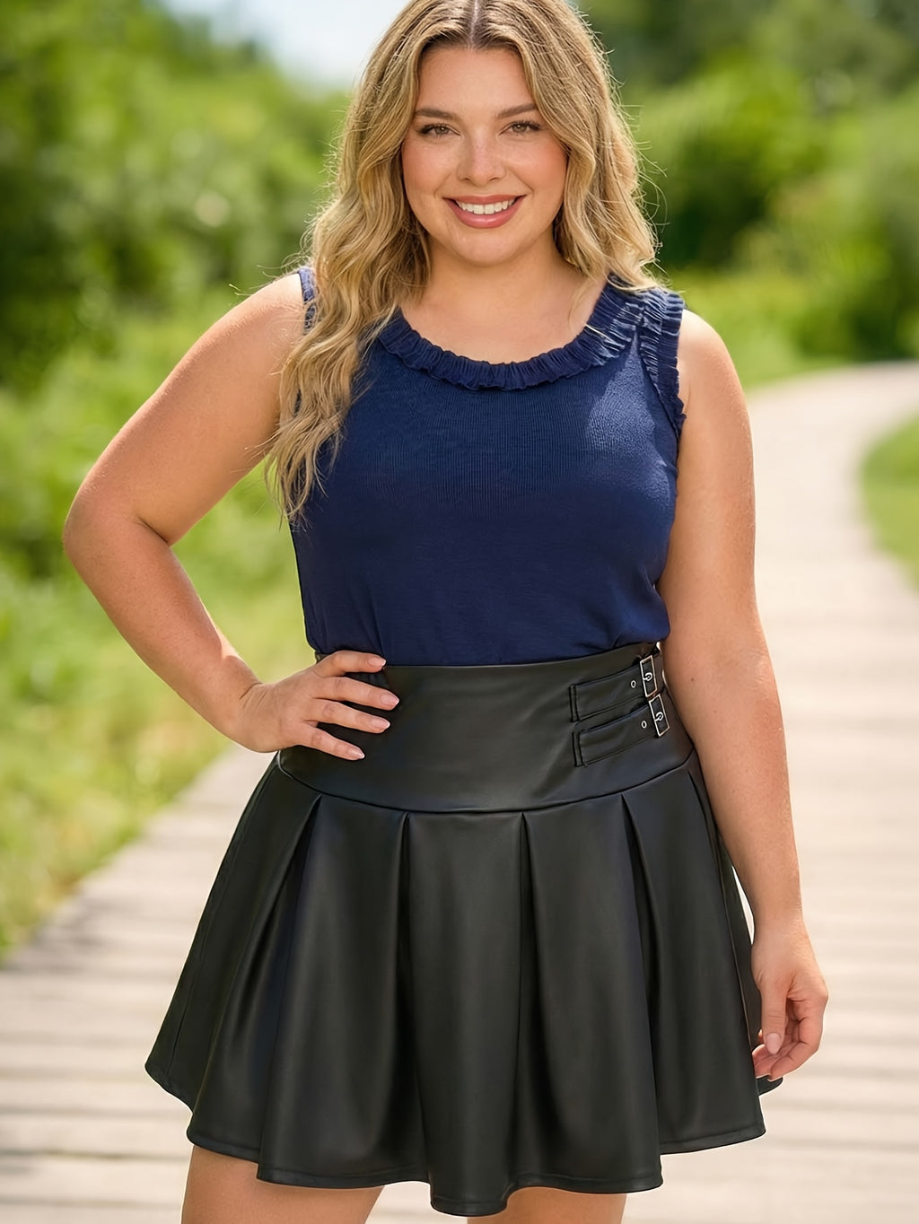 Jupe grande taille en cuir synthétique, plissés, allure cuir, vue de profil