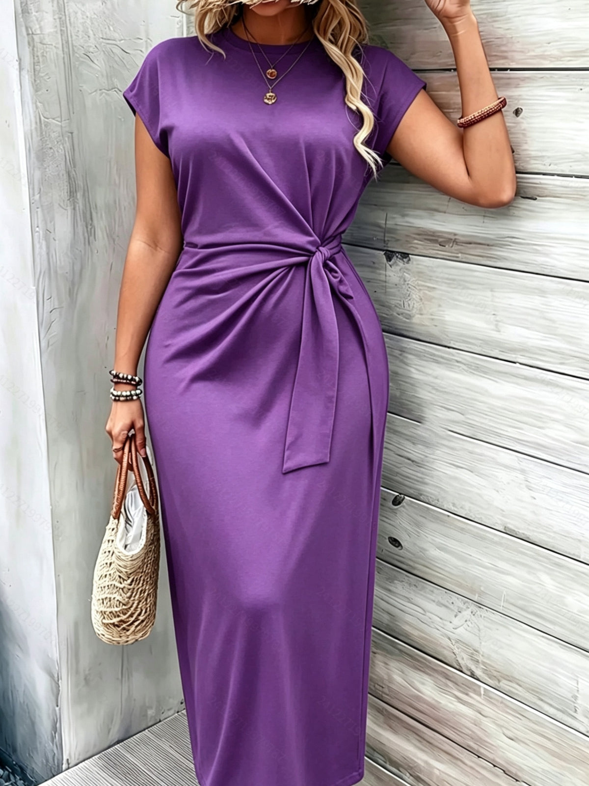 Robe longue grande taille — Jersey uni et nœud à la taille