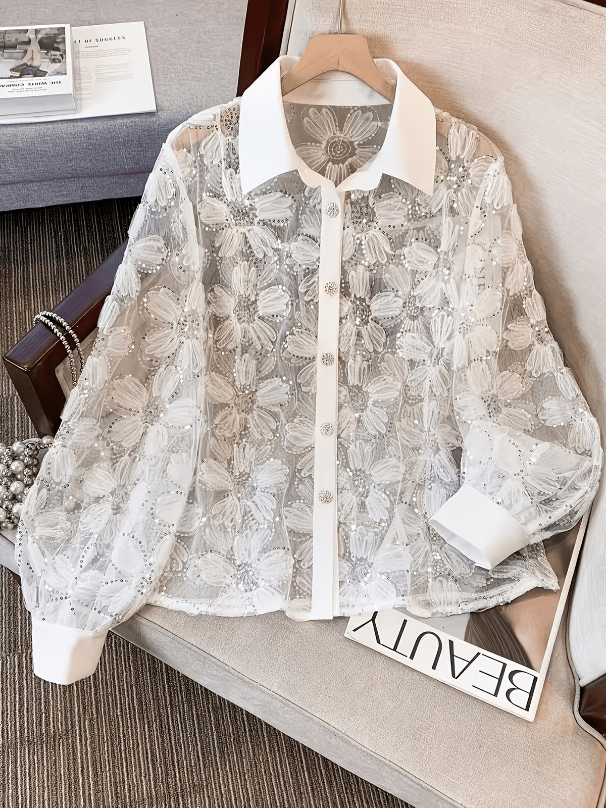 Chemise grande taille à paillettes, manches longues — matière : polyester Image