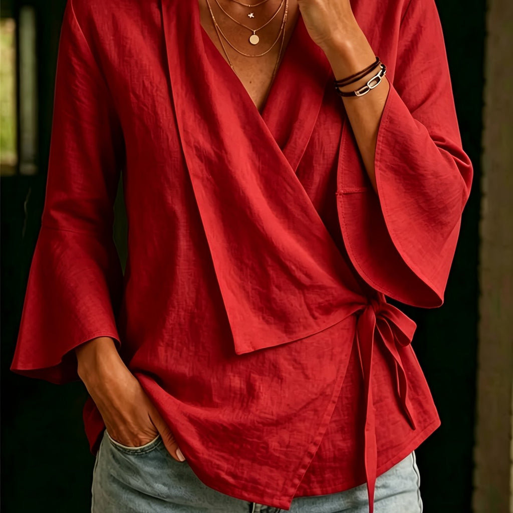 Top grande taille, coupe ample, col V, ligne nette, tissu opaque