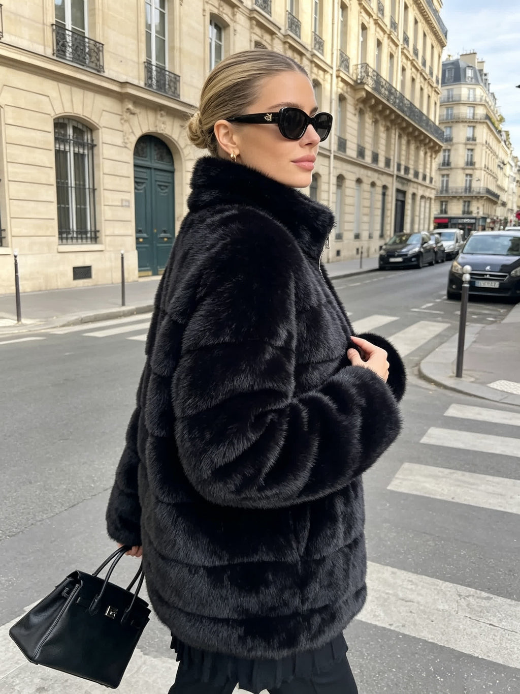 Top grande taille en sherpa, coupe ample, toucher doudou, chaleur d'hiver, vue de profil