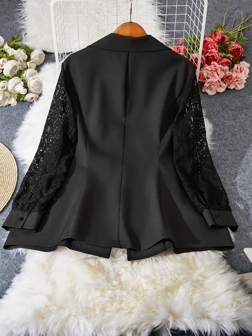 Blazer grande taille en dentelle, effet ajouré, chaleur d'hiver, porté de face