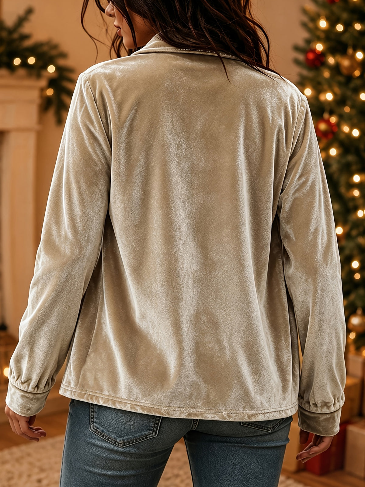 Veste grande taille en velours, coupe ample, manches longues, toucher profond — composition : 95% Polyester, 5% Élasthanne