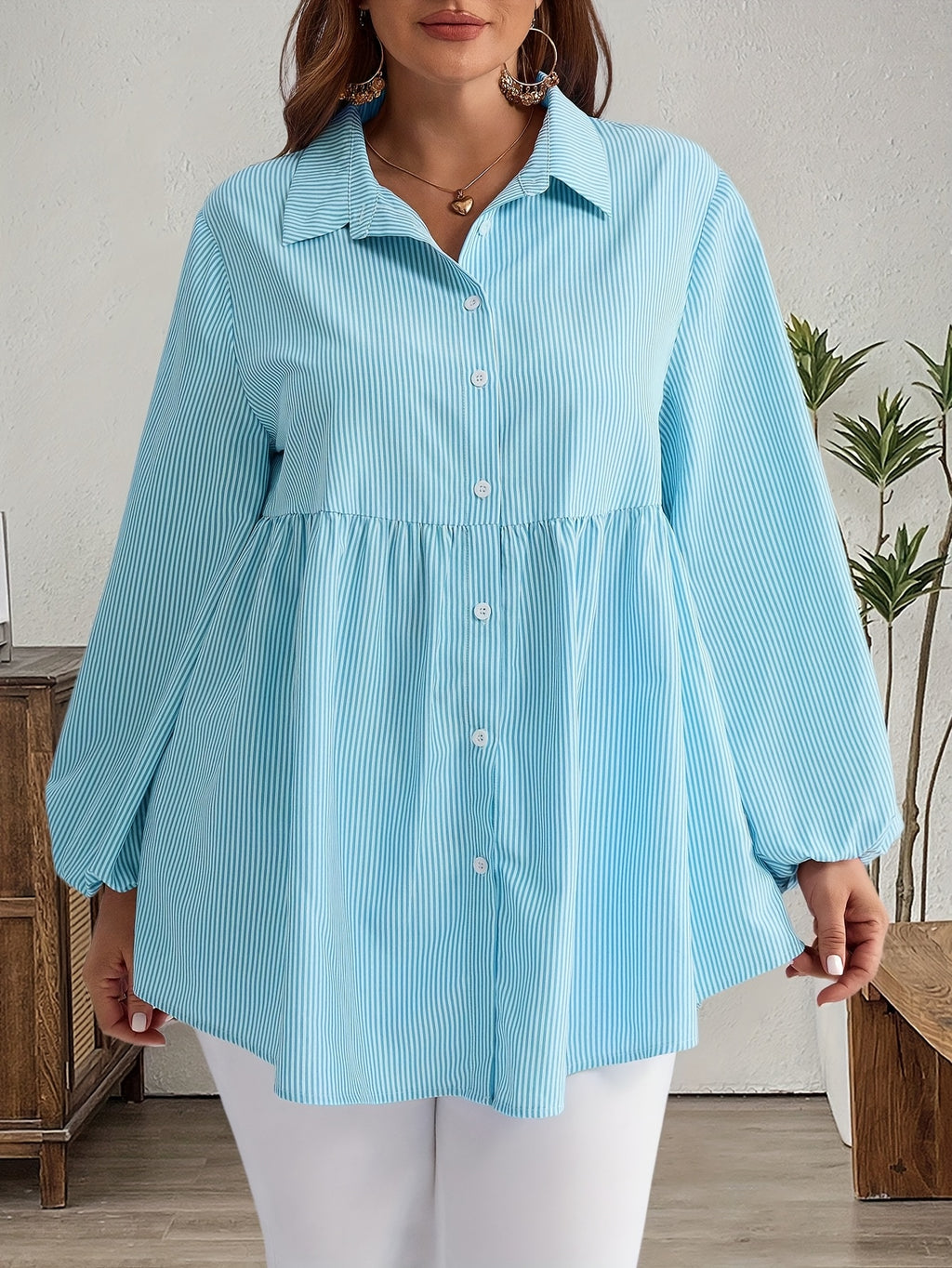 Chemise grande taille à rayures, col polo, autre coloris