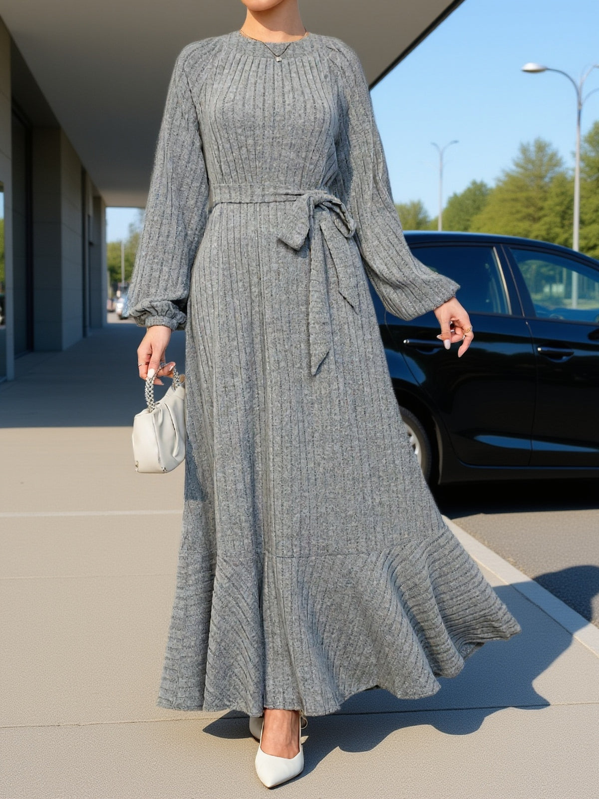 Robe pull grande taille — Manches ballon et maille côtelée