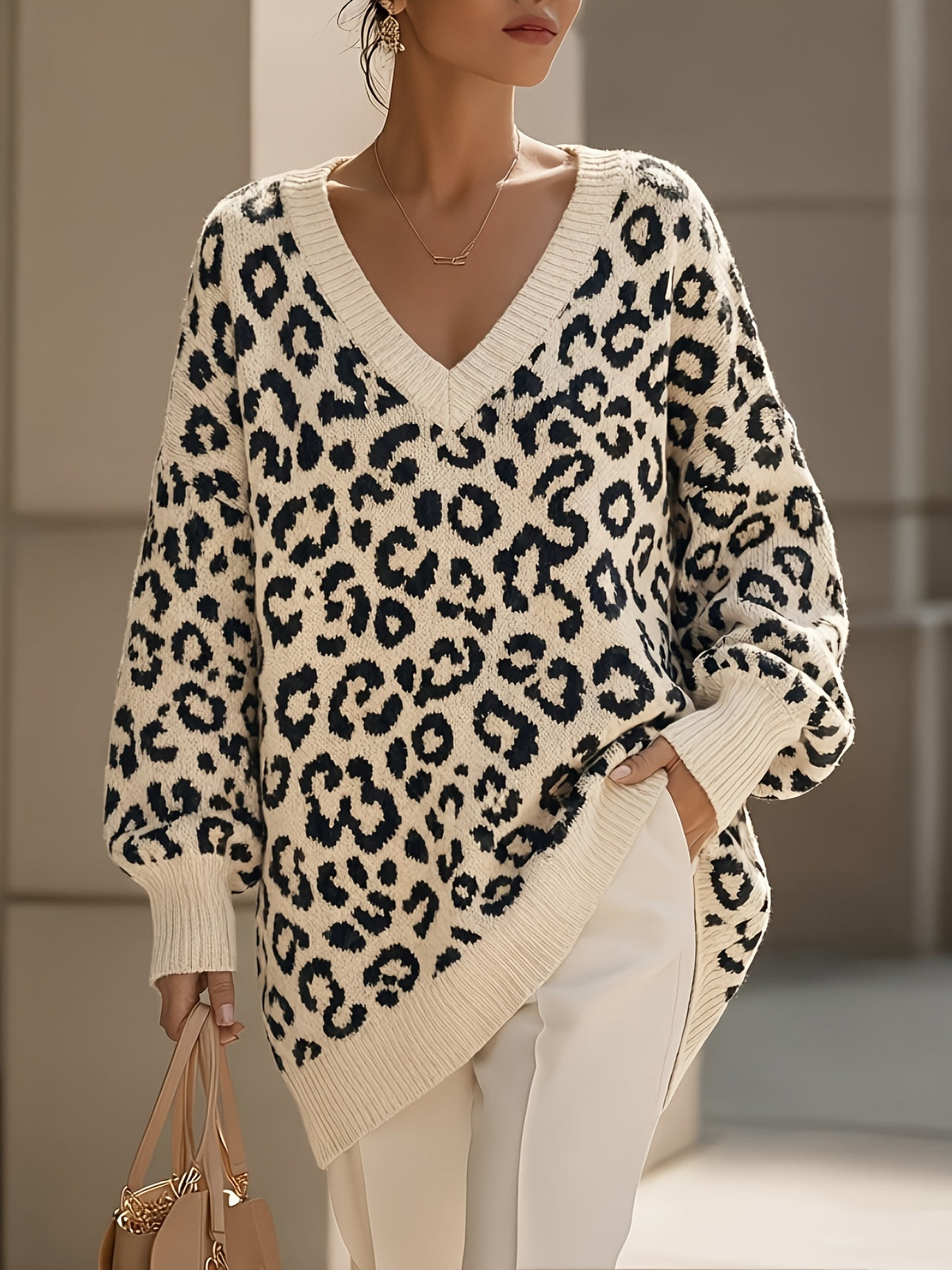 Pull grande taille à imprimé léopard, coupe oversize, col V, manches longues — composition : 100% Polyester