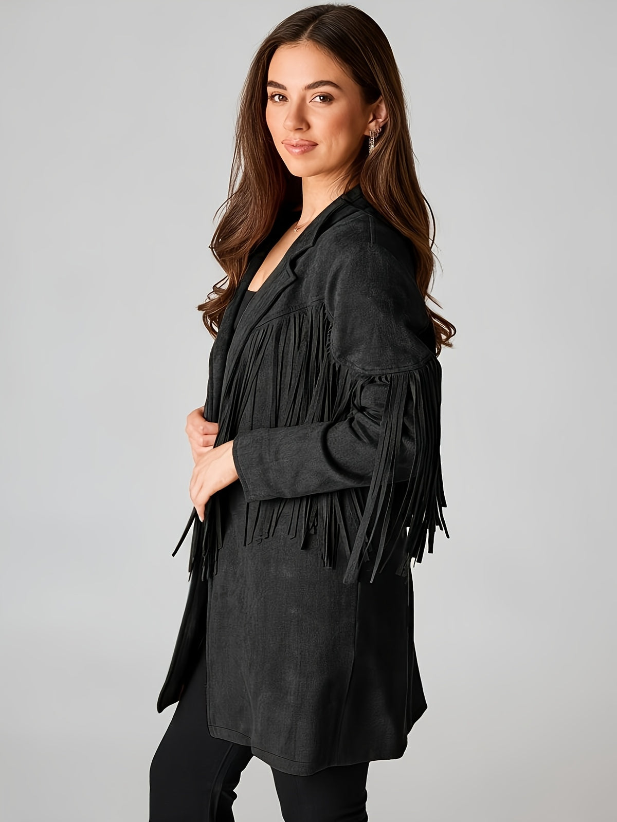 Blazer grande taille en cuir synthétique, col à revers, pompons, allure cuir Image