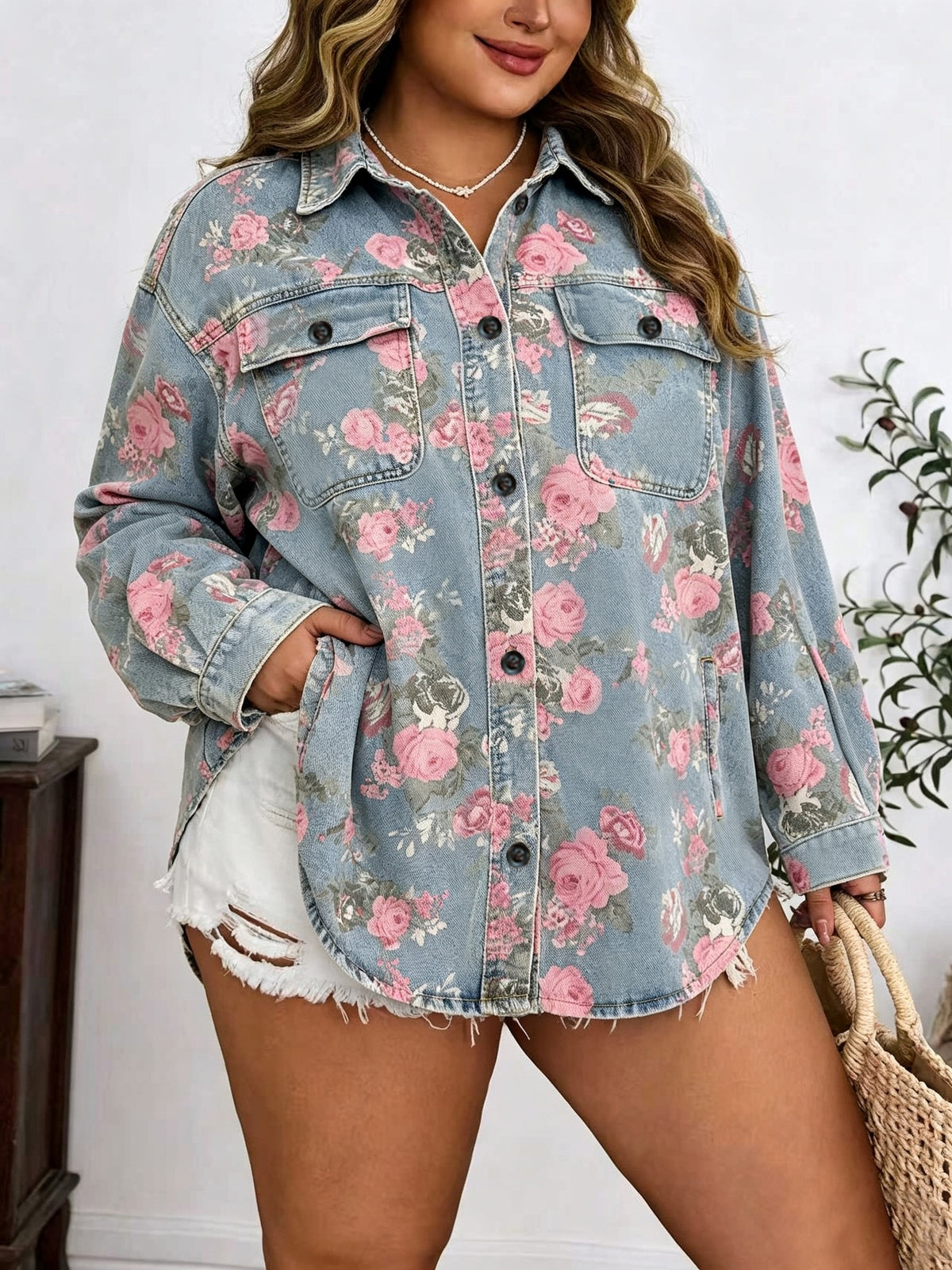 Veste grande taille à imprimé fleuri, coupe ample, tenue franche