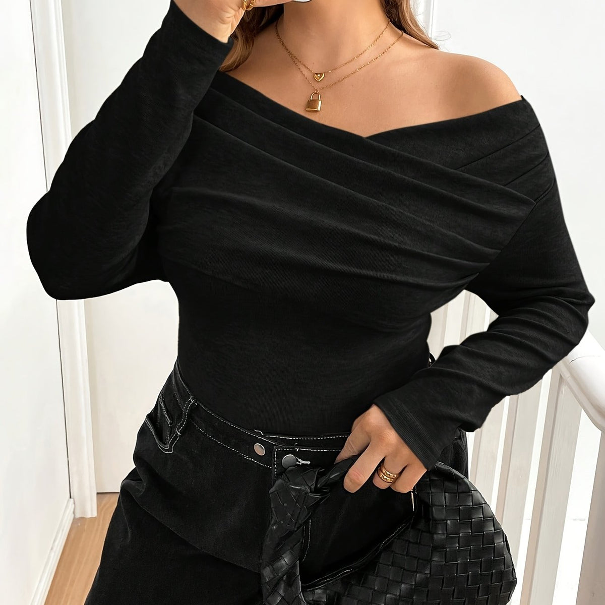 T-shirt grande taille, fines bretelles, manches longues — matière : polyester