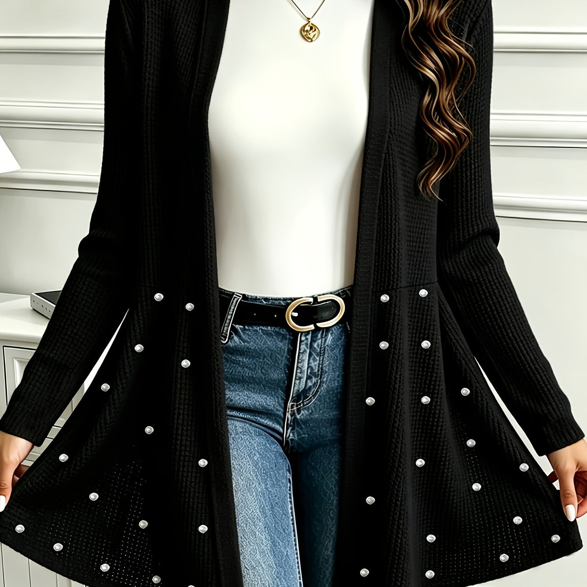 Veste grande taille, perles, manches longues — matière : polyester