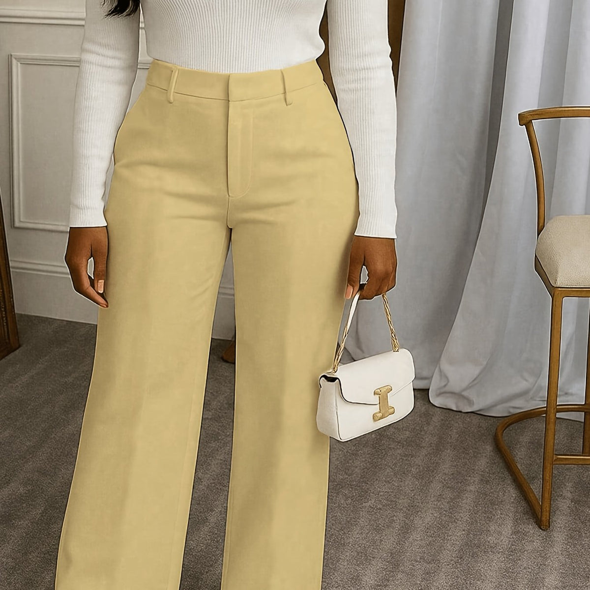 Pantalon grande taille en maille, coupe droite, poches plaquées, maille souple — matière : maille