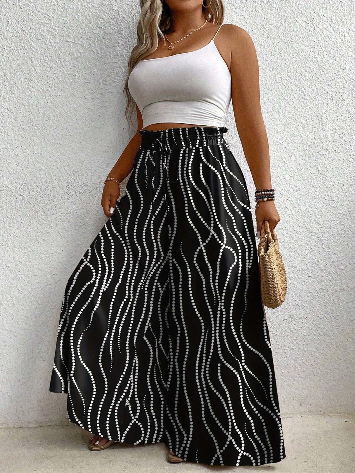 Pantalon grande taille à pois, coupe évasée, esprit vacances