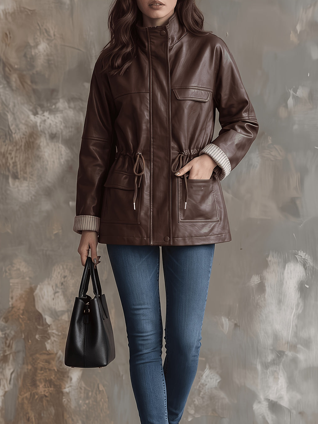 Veste grande taille en cuir synthétique, coupe ample, cordon