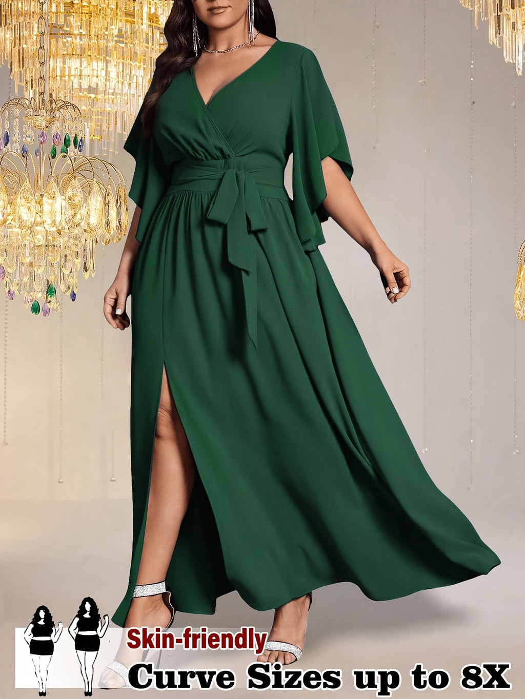 Robe de soirée grande taille — Fente frontale et nœud de taille