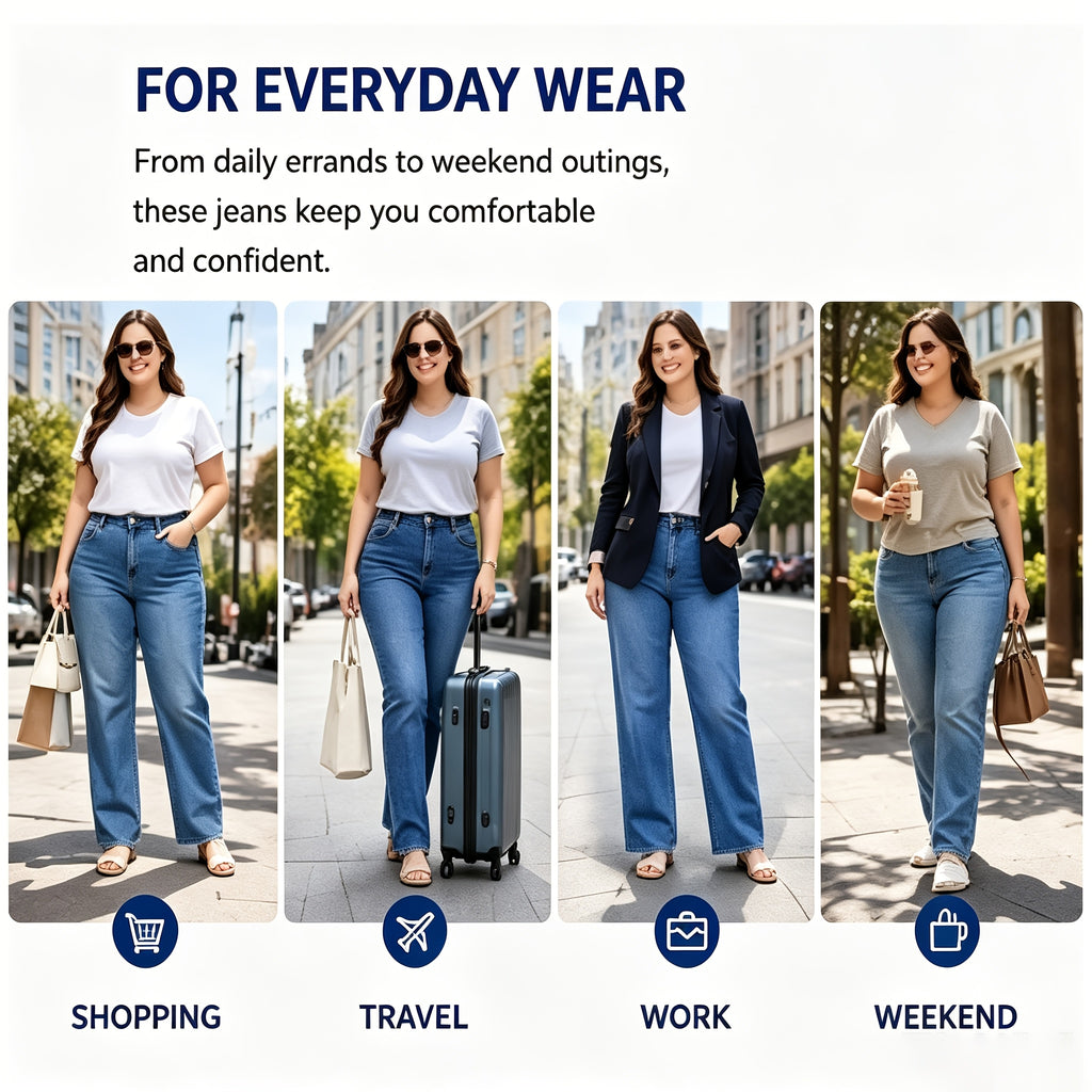 Jean grande taille, coupe oversize, ceinture assortie, tenue franche, porté de face