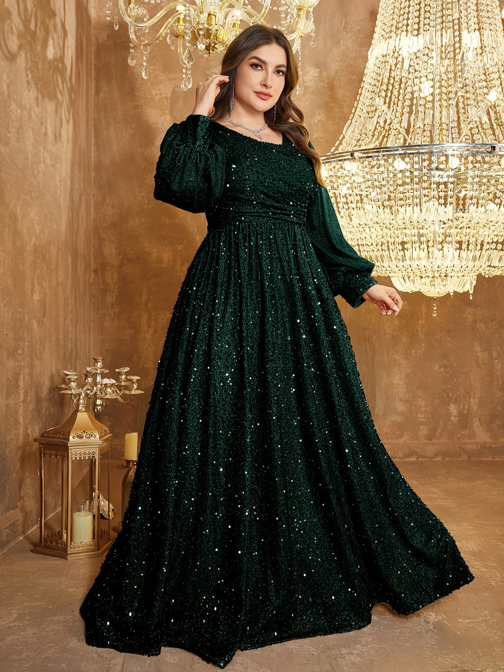 Robe de cérémonie grande taille, manches lanternes pailletées