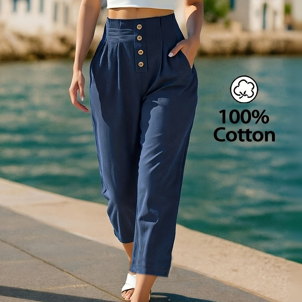 Pantalon grande taille, coupe droite, toucher naturel — composition : 100% Coton