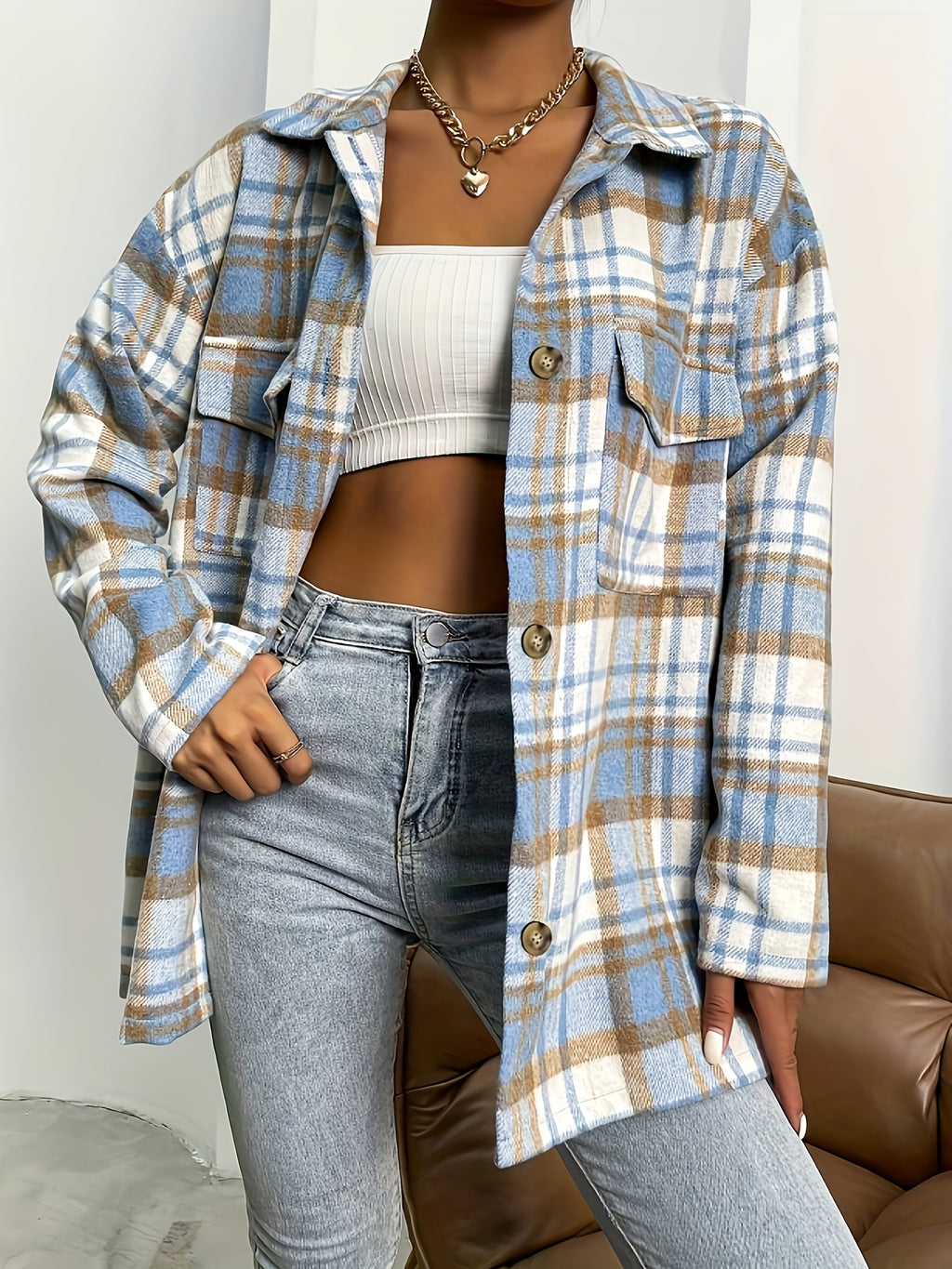 Chemise grande taille à carreaux, poches pratiques