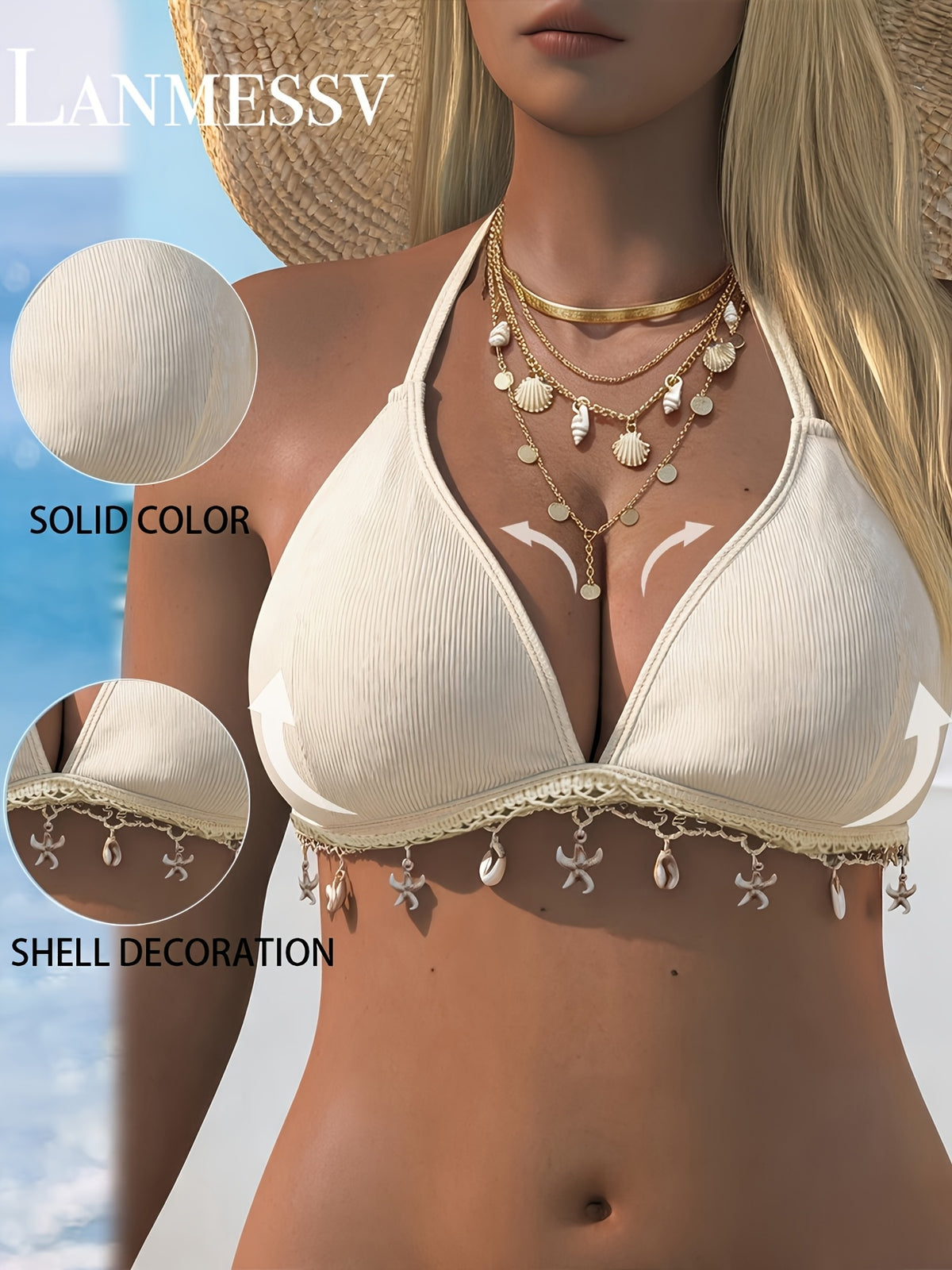 Haut de maillot de bain grande taille — Écru à coquillages