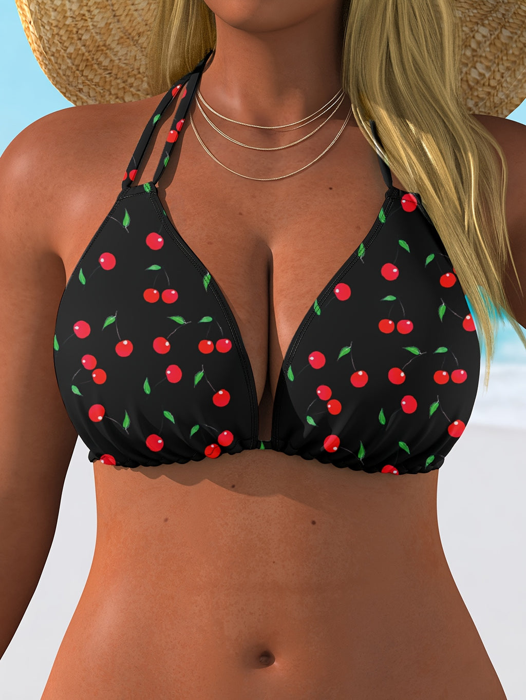 Haut de maillot de bain grande taille — Cerises sur fond noir