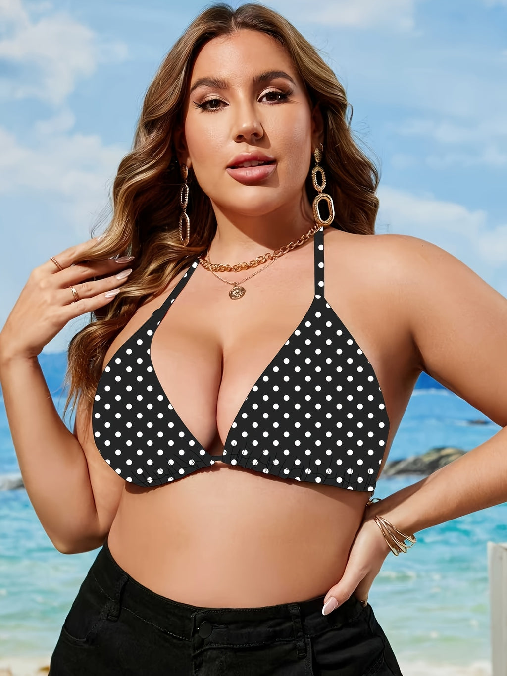 Haut de maillot de bain grande taille — Pois blancs sur noir
