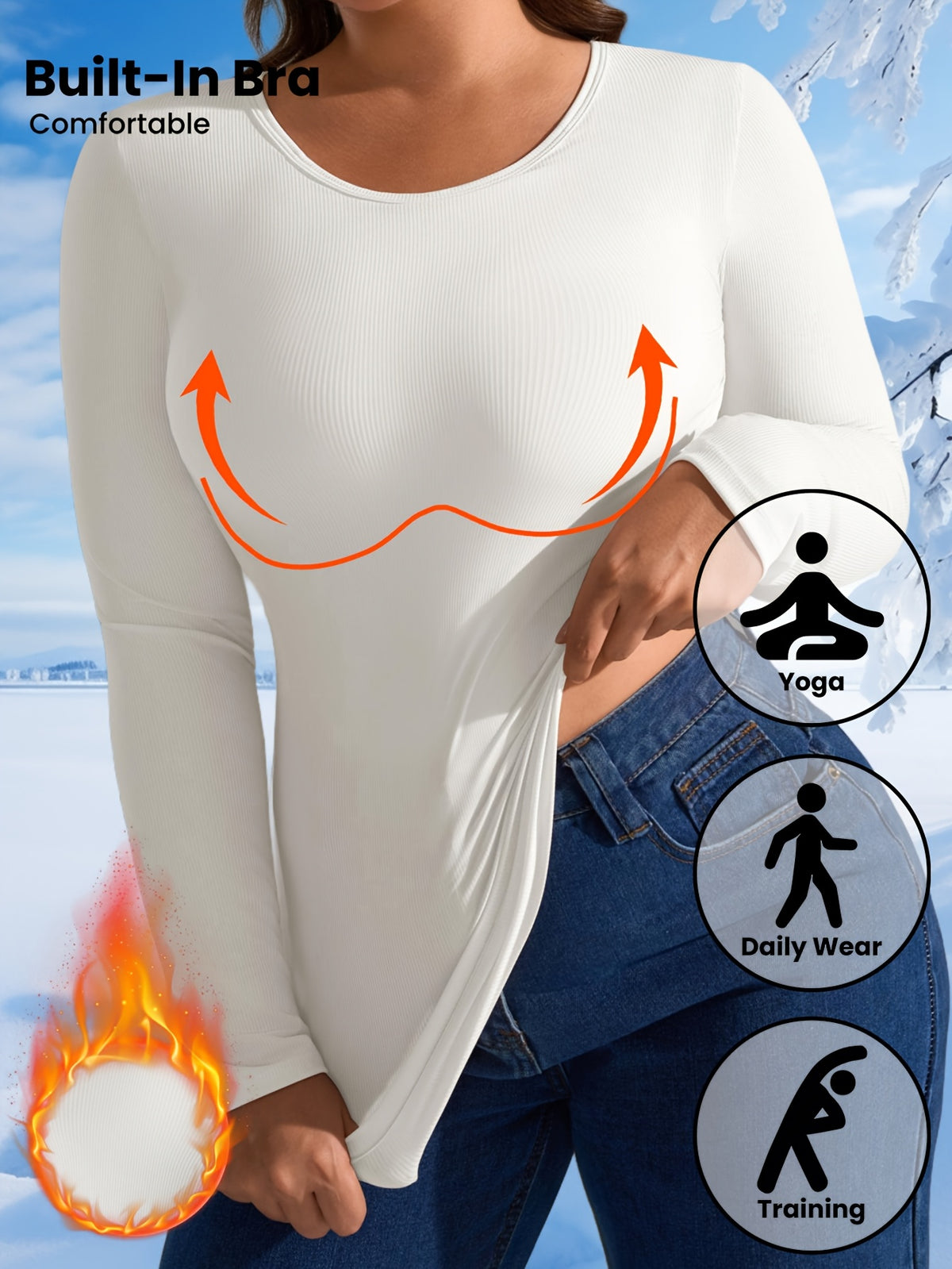 Haut grande taille à bonnets intégrés — Manches longues blanc