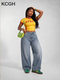Jean baggy grande taille — Bleu délavé et ceinture froncée