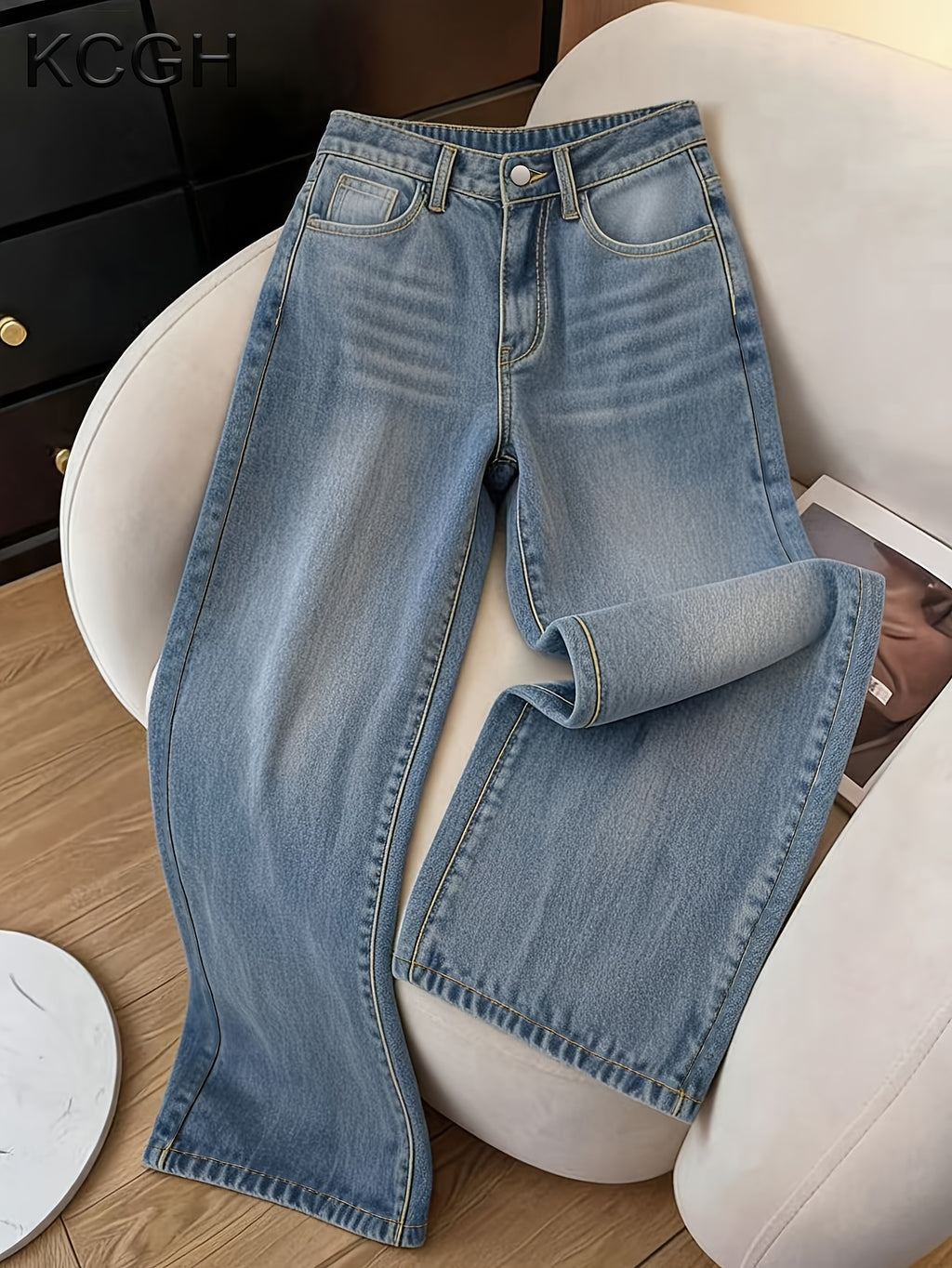 Jean baggy grande taille — Bleu délavé et ceinture froncée