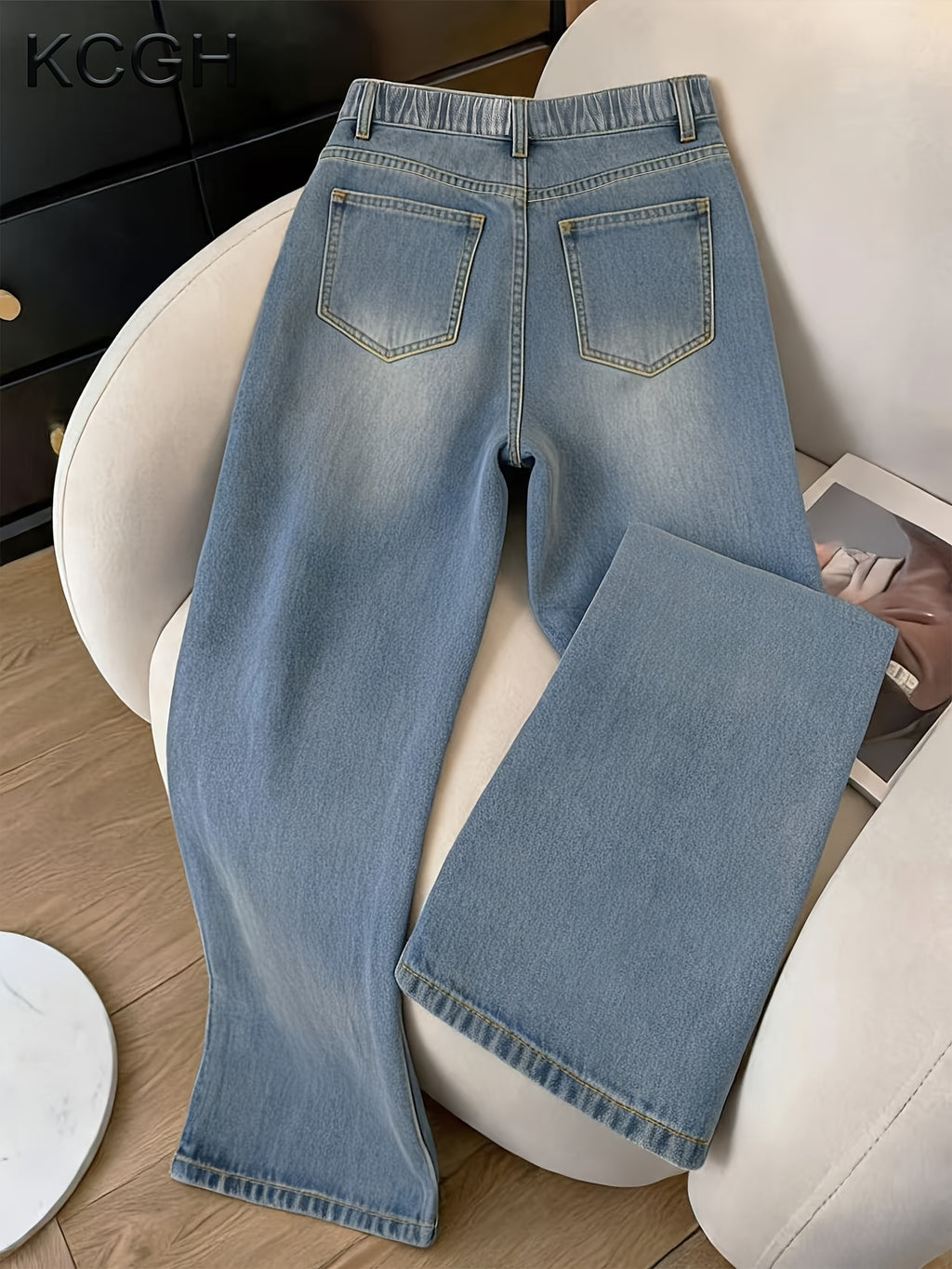 Jean baggy grande taille — Bleu délavé et ceinture froncée
