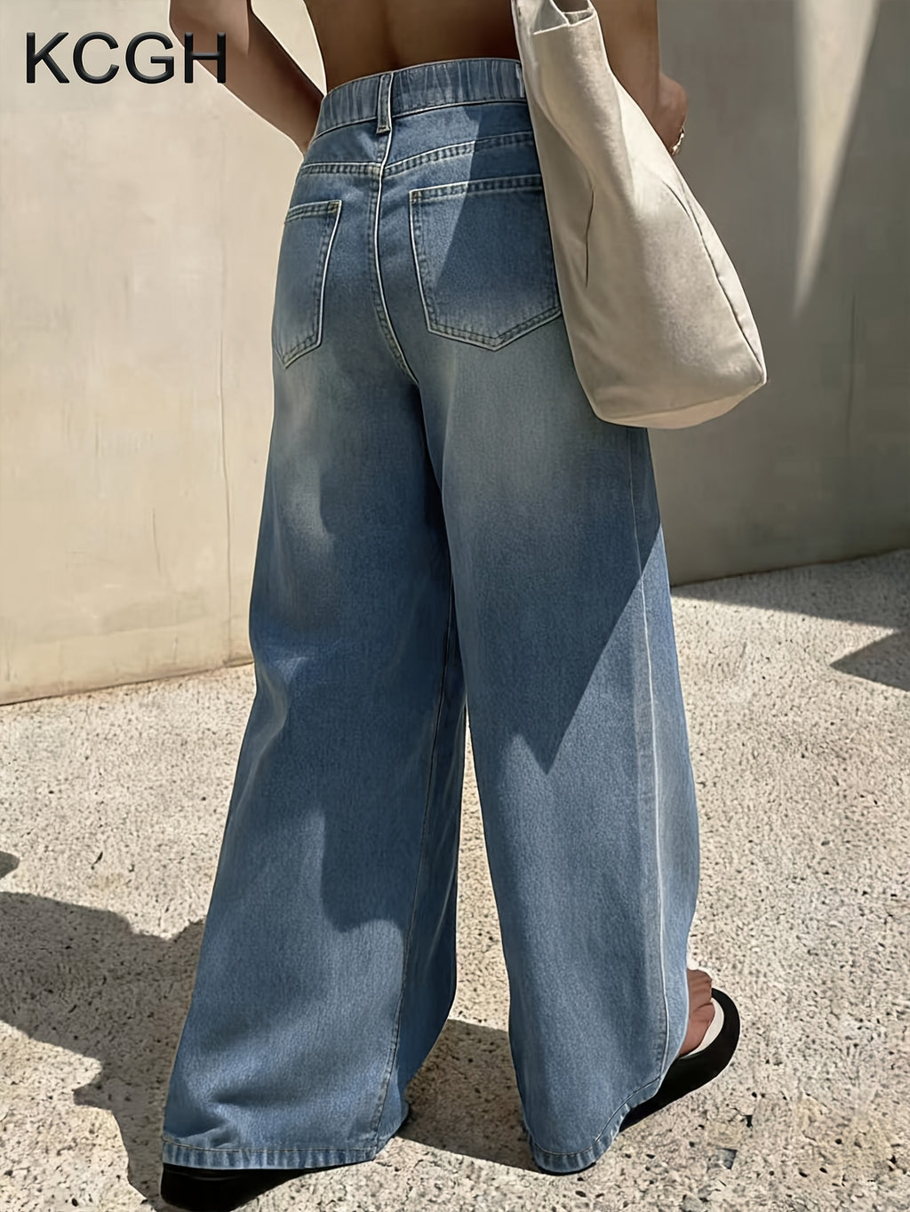 Jean baggy grande taille — Bleu délavé et ceinture froncée